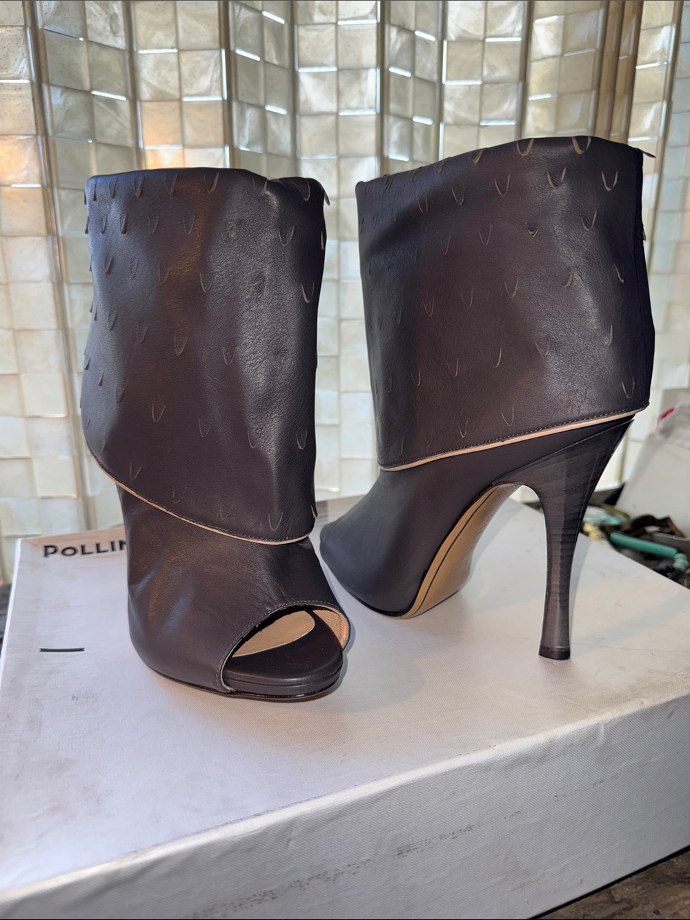 Pollini Italy Brown Leather Cutwork Peep Toe Ankle Boots Heels EU 39 $970